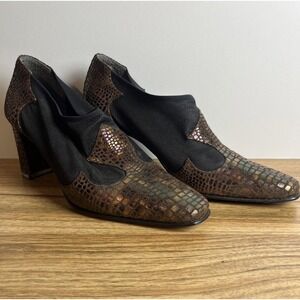 J. Renee Leather Reptile Block Heels 7.5 Blk Brown Slip on Stretch Ankle Bootie